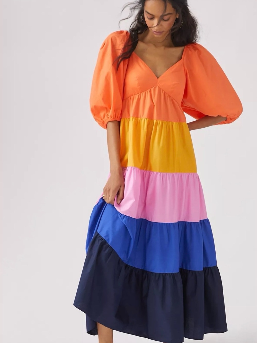 Farm Rio Colorblock Tiered Balloon Sleeve Maxi Dress L Pink Orange Purple Navy - Picture 6 of 6